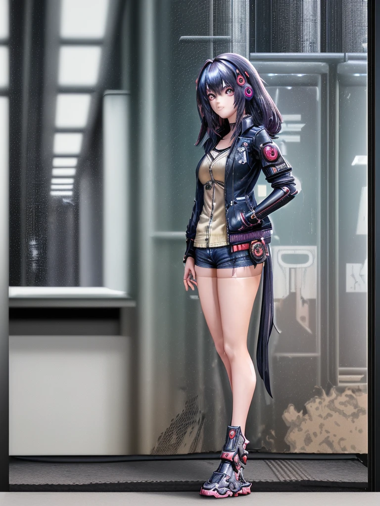 Anime girl in short shorts and a jacket stands next to a giant robot., artwork in the style of Guvez, cyberpunk anime girl robot, Trending on cgstation, Guvez, By Russell Dongjun Lu, Digital Cyberpunk Anime Art, Ross Tran 8g, Guvez on artstation pixiv, Girl in cyber mecha armor