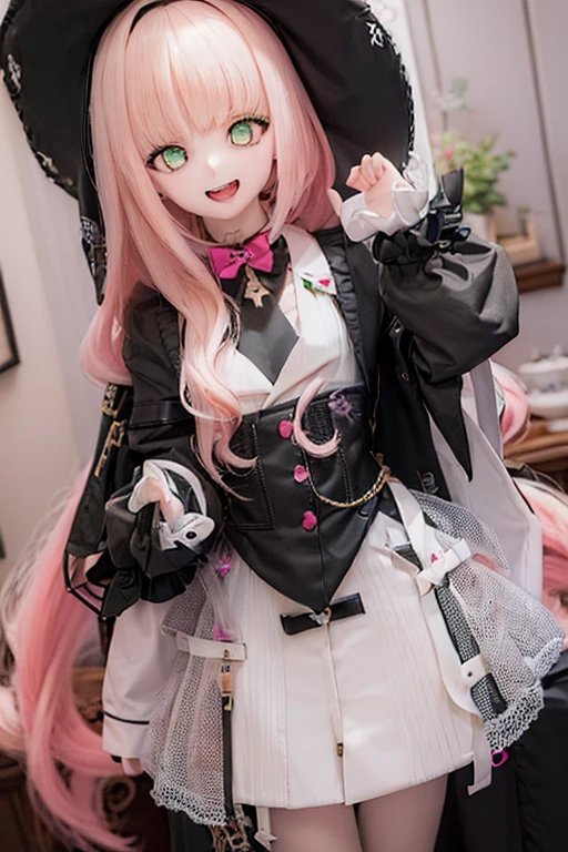 ((highest quality)), ((masterpiece)), (absurd detail), kukolnydom, doll, ciel_synduality_noir, pink hair, green eyes, long hair, blunt bangs, mature woman, solo, cowboy shot, smile, open mouth, museum, 8k