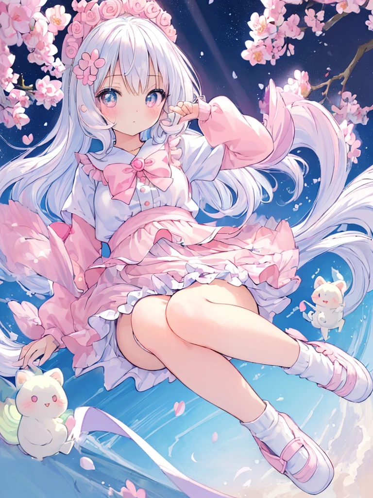 ((masterpiece)), ((best quality)), (ultra-detailed), (kawaii), kawaii, cute, lovely, illustration, anime style, (beautiful eyes), Spring-themed, 1 girl, pastel color, white straight hair, wearing white pink seifukuu, wearing pink skirt, long white socks, cool pose, perfect lighting.