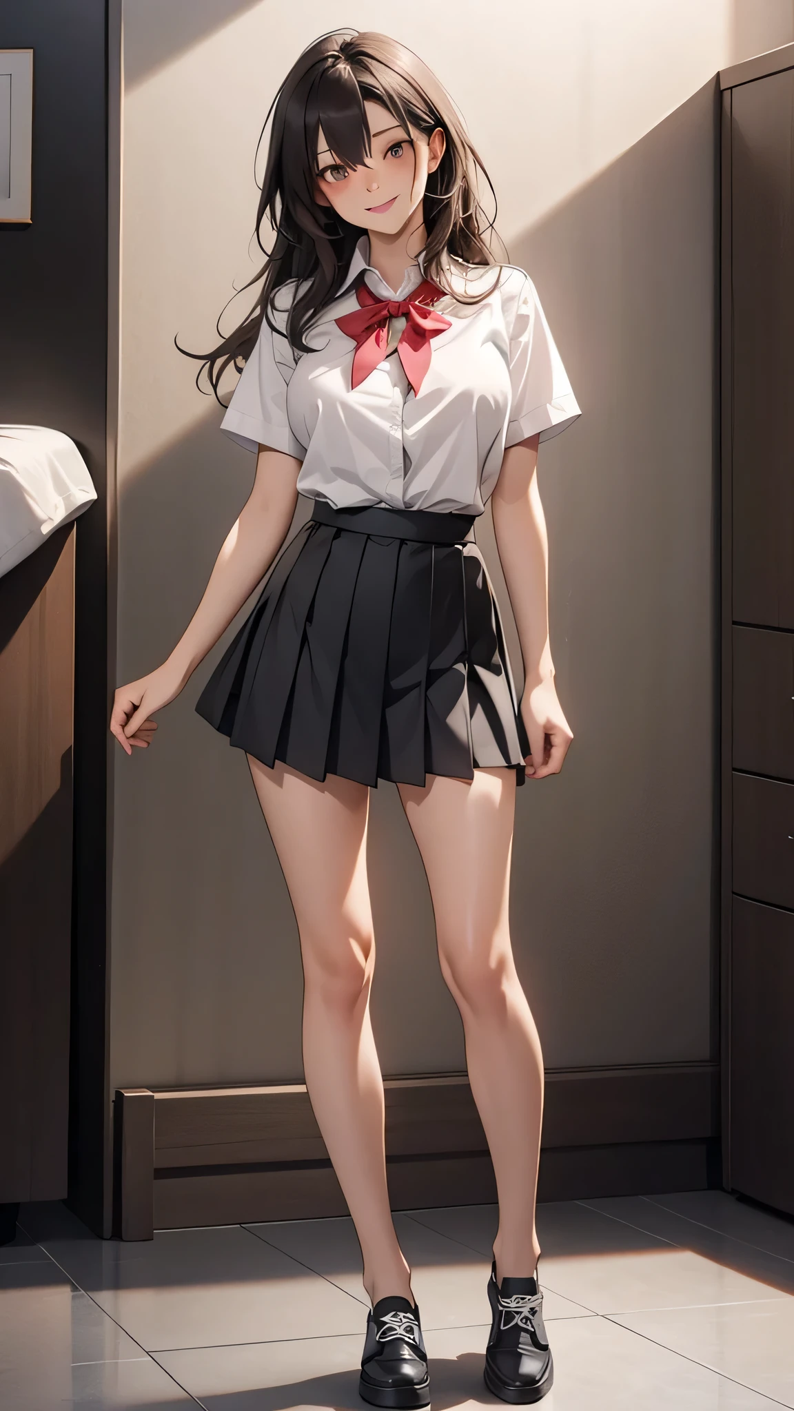 (Top Quality, Masterpiece: 1.2), Single Woman, Uniform, Pleated Skirt, Full Body, Small, Navel