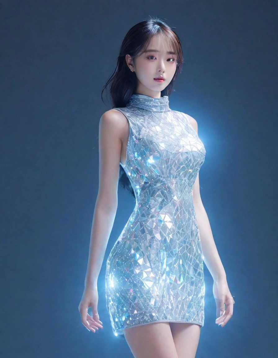 Beautiful girl 、From the side、close、Take your eyes off、Blanketed Gaze、(((Shiny body line dress))) 、Diamond-like、hologram、dress focus、Beautiful Faces、Perfect Eyes、White light、Blue light、The rising energy of the earth、Lighting by world-class AI creators、Beautiful graphics、Digital Art