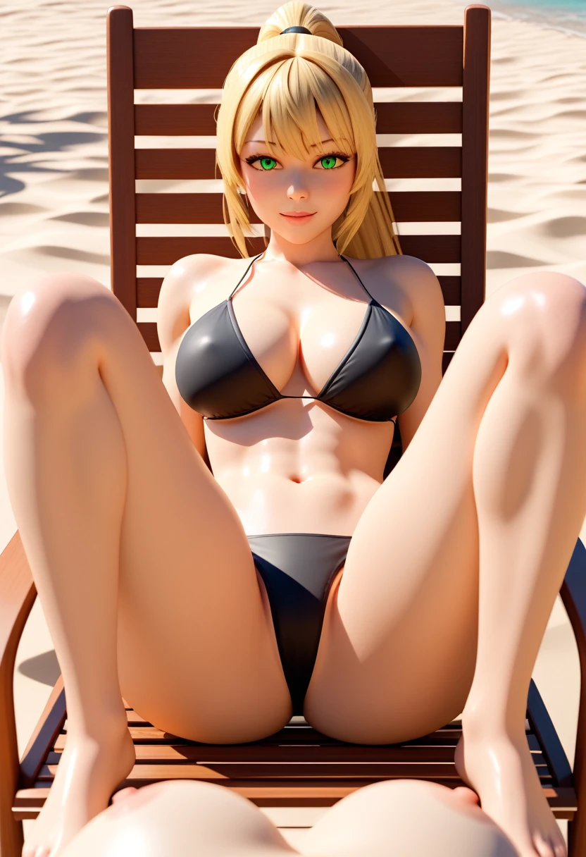 (best quality, masterpiece1.2), 1girl,, 3d, 3d render, blush, woman, sexy, detailed, extreme detail, perfect lighting, 4k, vivid colors,lying on beach chair,beach chair,chair, beach, black bikini, wide hips, big breasts BREAK anime style, source anime,1girl,  long hair,,((legsless, armsless:1.5)),(high angle),first person view,1girl, blonde hair, green eyes, long hair, ponytail