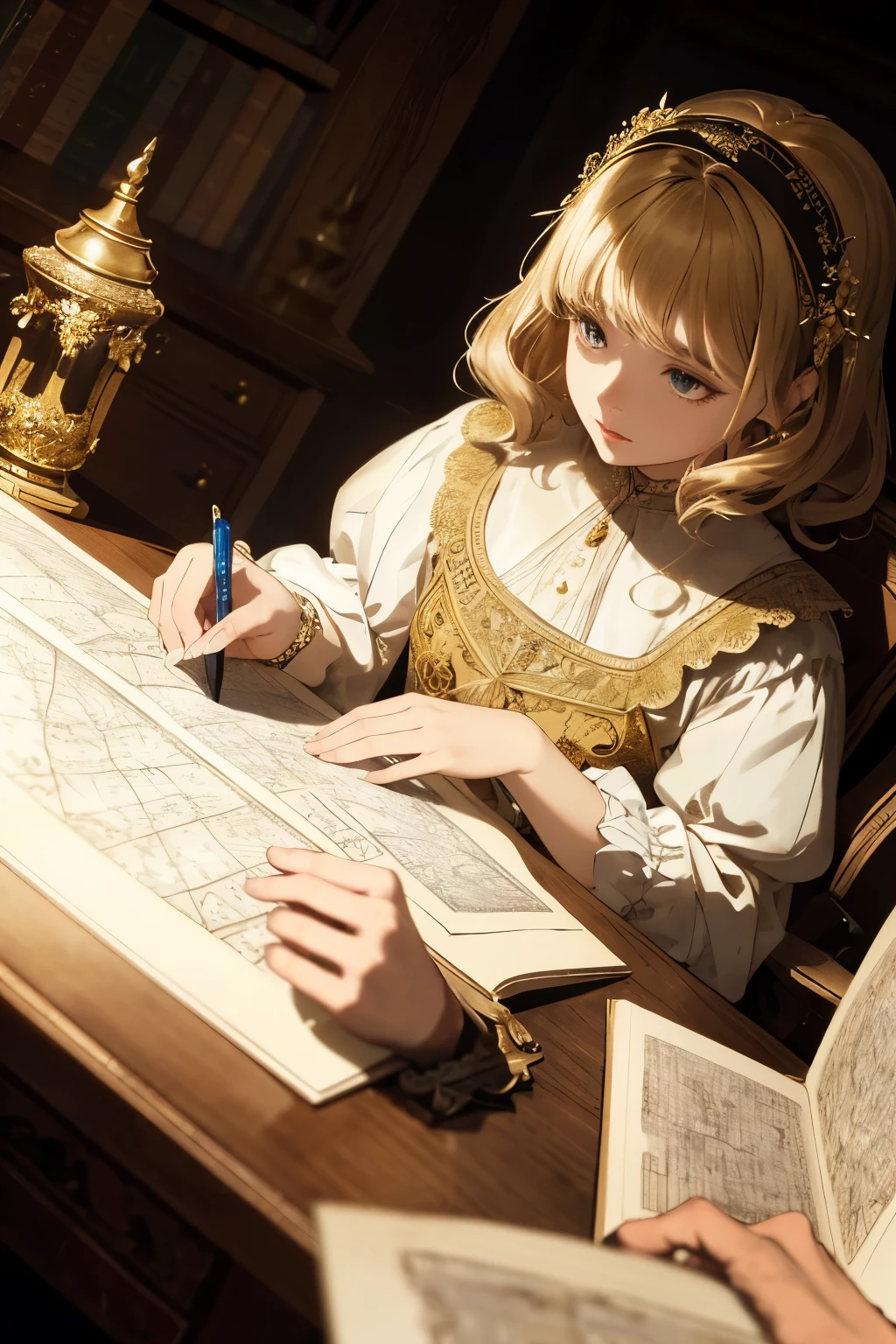 Masterpiece, top quality, 16K UHD,
Close-up,
Brightly lit study room, Ella, solo,
Spellbinding concentration,
Ella's delicate hands with perfectly manicured nails, revealed intricate, hand-drawn maps and glowing symbols, brimming with detail, as she slowly turns the pages of a boundless, ancient book, the parchment yellowed with age.
The intricate maps, scrawled with cryptic symbols, gleam with a soft luminescence, casting a warm, ethereal glow upon Ella's determined face, her eyes fixed upon the pages, lost in thought.
The detailed facial features,