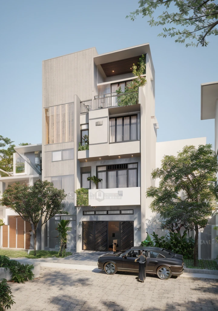 Townhouse in city, daylight,warm light, (sharp focus) front view of townhouse in style of modern, VietNam ,mutual colours, soft lighting, warm atmosphere,high Resolution, hyper detailed,4k ,vray render, hyper realistic,exterior design , professional photography, exterior photography,wide-angle shot , ultra detail , high Resolution . all of doors and windows are made by Xingfa . have many trees , ivys, palms on the bancony. black iron frame . human and girl on the pavement. wooden ceiling. ceiling light.black iron gate.