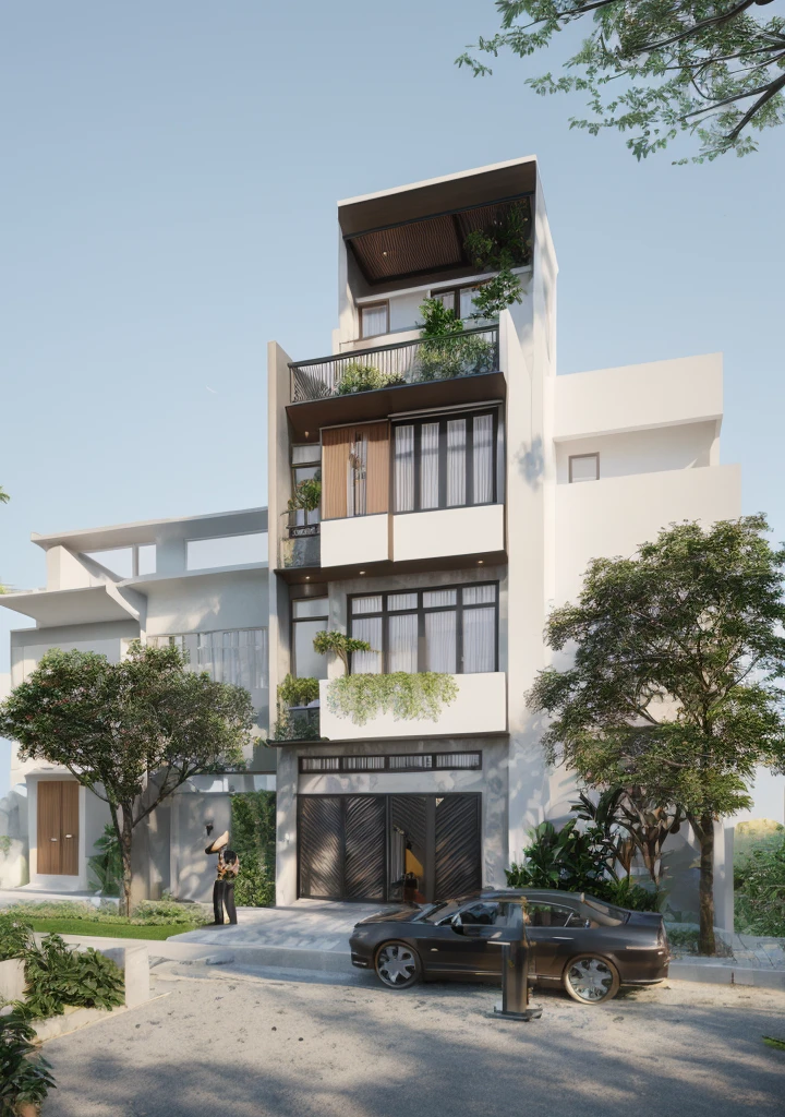 Townhouse in city, daylight,warm light, (sharp focus) front view of townhouse in style of modern, VietNam ,mutual colours, soft lighting, warm atmosphere,high Resolution, hyper detailed,4k ,vray render, hyper realistic,exterior design , professional photography, exterior photography,wide-angle shot , ultra detail , high Resolution . all of doors and windows are made by Xingfa . have many trees , ivys, palms on the bancony. black iron frame . human and girl on the pavement. wooden ceiling. ceiling light.black iron gate.