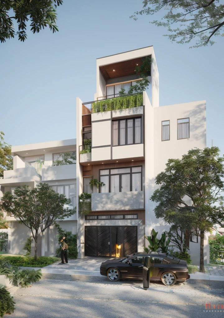 Townhouse in city, daylight,warm light, (sharp focus) front view of townhouse in style of modern, VietNam ,mutual colours, soft lighting, warm atmosphere,high Resolution, hyper detailed,4k ,vray render, hyper realistic,exterior design , professional photography, exterior photography,wide-angle shot , ultra detail , high Resolution . all of doors and windows are made by Xingfa . have many trees , ivys, palms on the bancony. black iron frame . human and girl on the pavement. wooden ceiling. ceiling light.black iron gate.