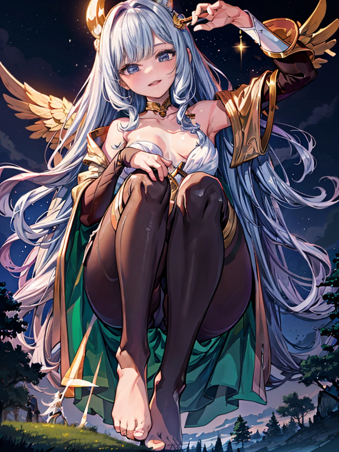 Artemis, a 70 meter jacket, emerges from a forest under the moonlight, Her alabaster skin glowing with a lunar glow. Her long silver hair falls in perfect curls over her shoulders.. ????? and majestic, stands in a meadow, her posture is graceful and seductive, with one leg forward and one hand caressing his neck. His eyes full of desire and power observe the tiny humans at his feet.. With an enigmatic smile, gently crushes a person under his golden foot. Her resplendent body exudes an aura of heavenly ?????????., enveloping everyone in a spell of adoration.


