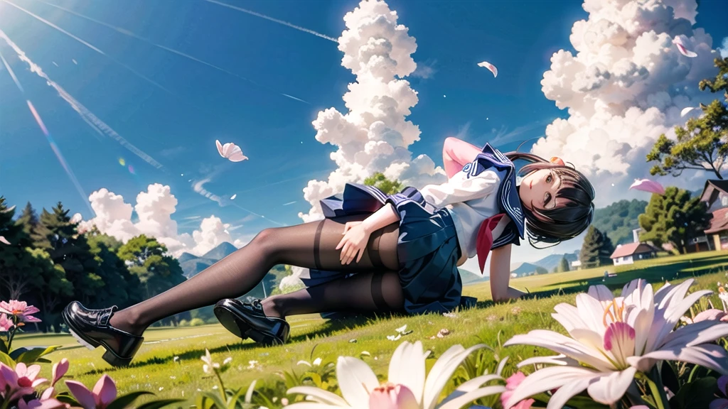 (masterpiece),  town,  blue sky,  One Girl,  smile,  alone,  Sailor suit、Long skirt,  Overgrown,  petal,  plant、Skirt lining、Translucent slip、nostalgic、Black Pantyhose