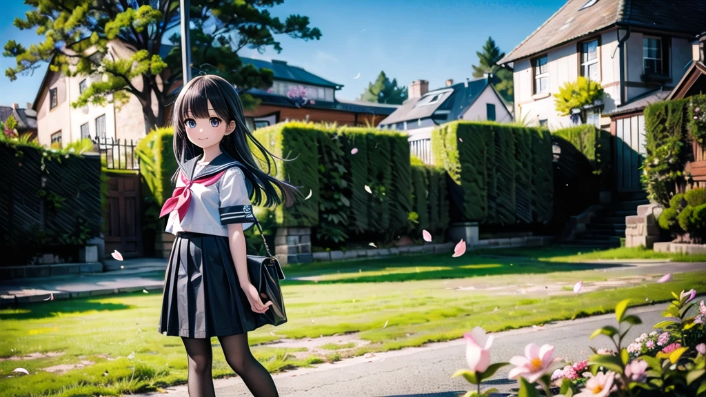(masterpiece), town, blue sky, One Girl, smile, alone, Sailor suit、Long skirt, Overgrown, petal, plant、Skirt lining、Translucent slip、Nostalgic