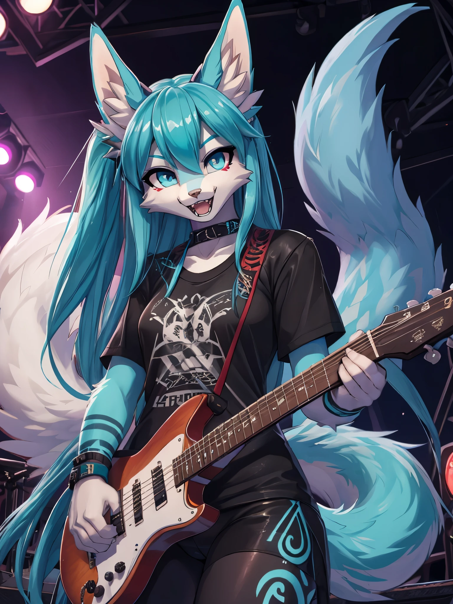 Miku Hatsune, high definition add_detail:1, blue fur,kitsune ears, tribal tattoo add_detail:1 cute high school clothes, pretty girl add_detail:3 18 year old girl, short black lycra, black metal t shirt, flirty look add_detail:3, hands rock sign, shouting add_detail:1, playing a guitar on stage add_detail:1