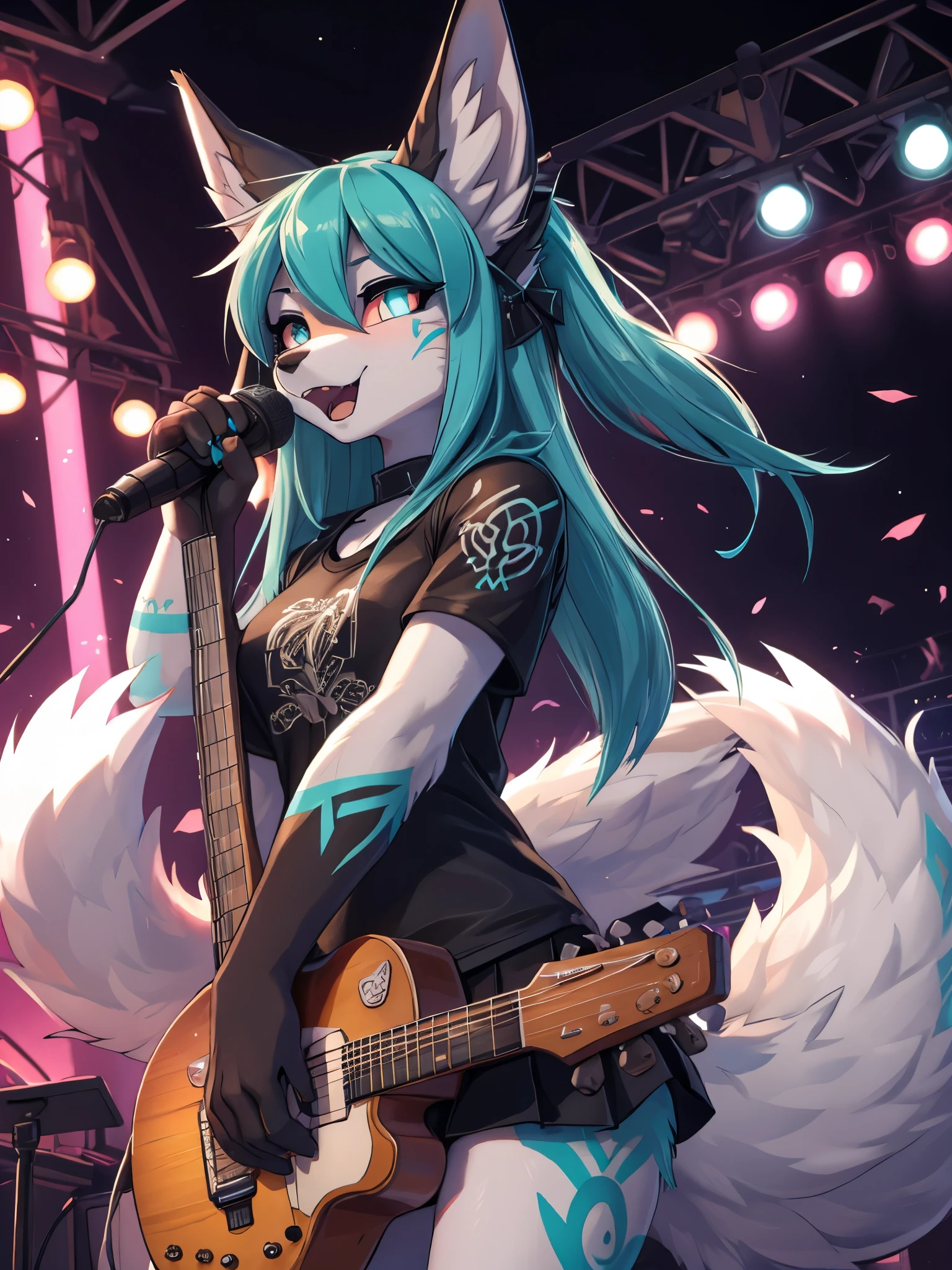 Miku Hatsune, high definition add_detail:1, blue fur,kitsune ears, tribal tattoo add_detail:1 cute high school clothes, pretty girl add_detail:3 18 year old girl, short black lycra, black metal t shirt, flirty look add_detail:3, hands rock sign, shouting add_detail:1, playing a guitar on stage add_detail:1