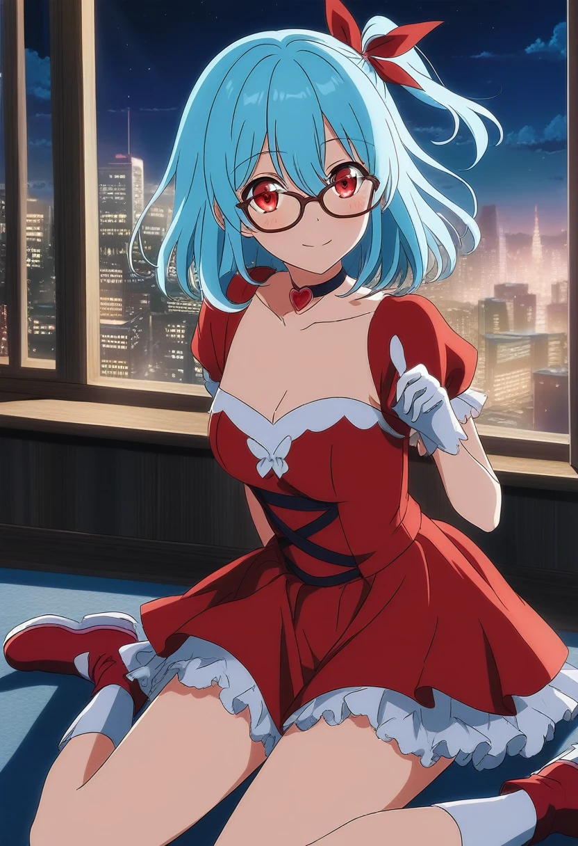 cel-shaded, detailed, high quality, masterpiece, best quality, very aesthetic, absurdres, anime screencap, dynamic shadows, atmosferic. 1girl, solo, (red eyes:1.5), detailed eyes, light blue hair, medium hair, one side up , bangs, hair between eyes, hair ribbons, magical girl dress, panties, strapless, choker, white gloves, glasses, white boots, thighs, medium breasts, blush, borrowed, embarrassed, sexy, collarbone, cleavage, ((cowboy shot)), ((from front)), room, sky, clouds, night, (standing), (looking at viewer:1.0)