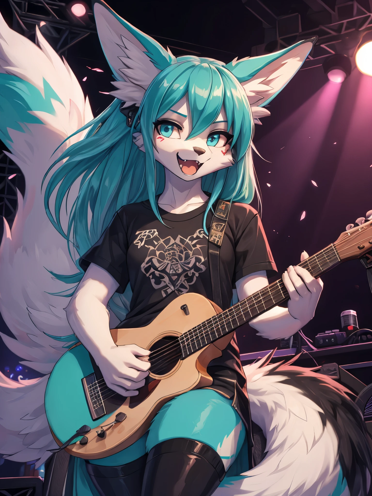Miku Hatsune, high definition add_detail:1, blue fur,kitsune ears, tribal tattoo add_detail:1 cute high school clothes, pretty girl add_detail:3 18 year old girl, short black lycra, black metal t shirt, flirty look add_detail:3, hands rock sign, shouting add_detail:1, playing a guitar on stage add_detail:1