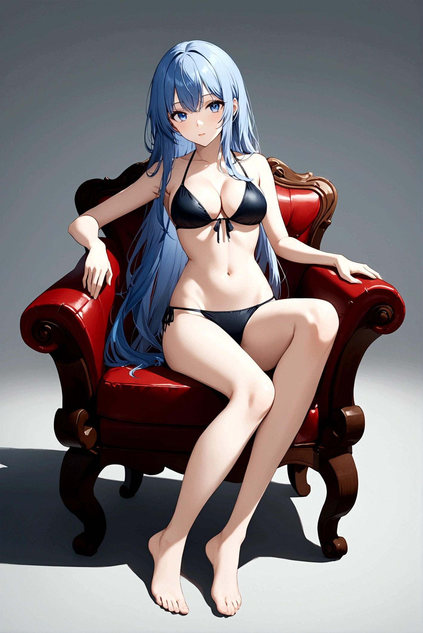 1girl, solo, long hair, breasts, looking at viewer, blue eyes, simple background, navel, cleavage, medium breasts, sitting, very long hair, underwear, blue hair, panties, swimsuit, full body, bikini, barefoot, black bikini, chair, armchair