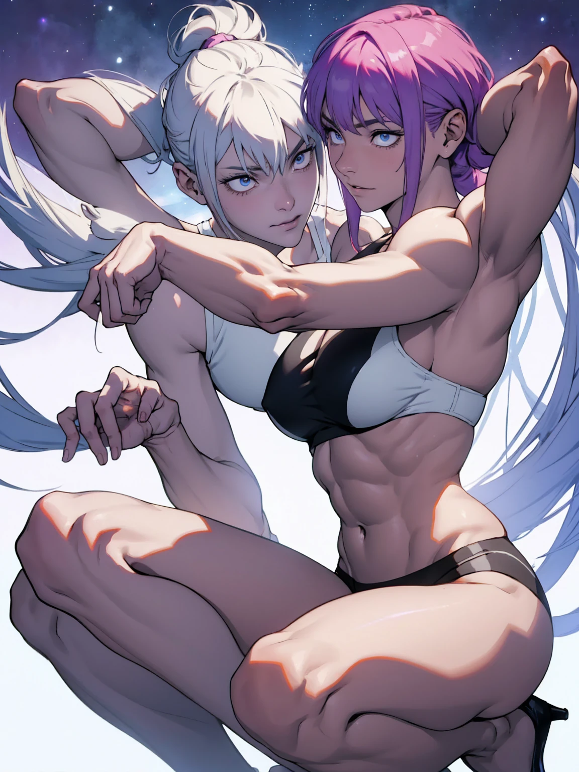 (Sweat, White skin:1.5、Sports Bra)Surreal Japanese Portraits,, Ron Mueck, Richard Estes, Marilyn Minter、Purple and blue gradation eyes enveloped in the mystery of the universe,、Perfect lighting, (Perfect hands, Perfect Anatomy)、whole body(1:2)、(White skin:1.5、Muscular arms)、Excellent style,Complete body balance、Dynamic Acid Pose(1:2)、(16:Specializing in aspect ratio 9)、Stiletto heels
