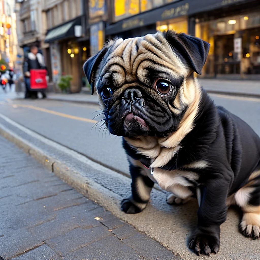 In the city、1 Pug puppy、（（（Round black fur on forehead）））、（（（smile:3.0）））
