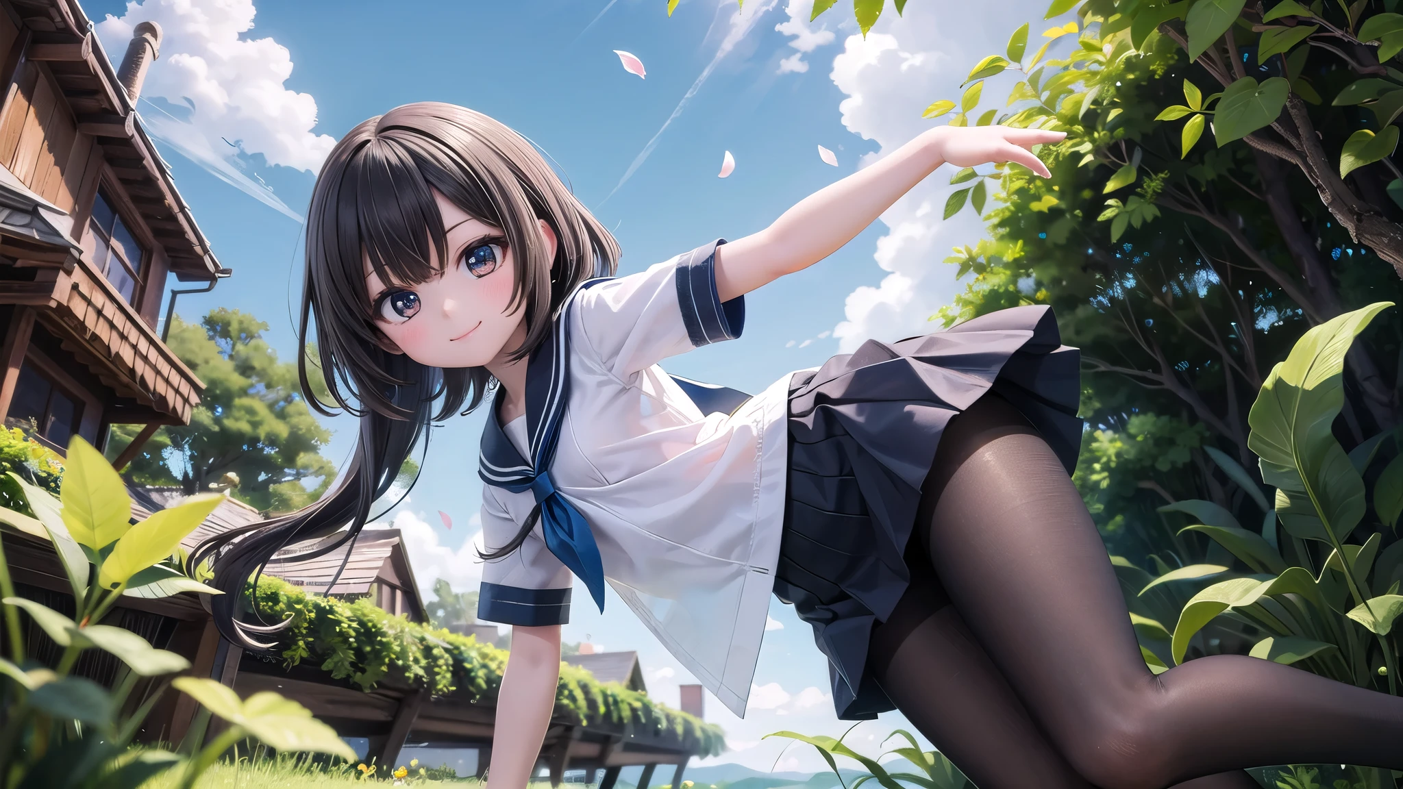 (masterpiece),  town,  blue sky,  One Girl,  smile,  alone,  Sailor suit、Long skirt,  Overgrown,  petal,  plant、Skirt lining、Translucent slip、nostalgic、Black Pantyhose