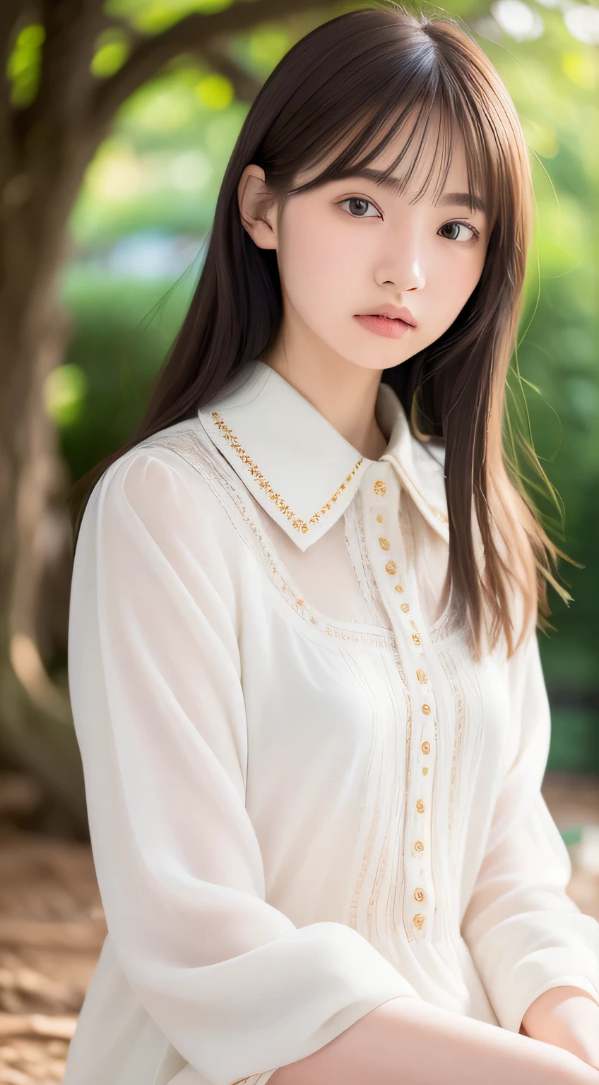 女の子1人, (Full body), Unknown , detailed  clothes, (delicate illustration:1.4),(masutepiece:1.0), (Best Quality:1.4), (超A high resolution:1.2), (Photorealistic:1.4), (8K, Raw photo:1.2), (Soft Focus:1.4), (18year old:1.3), (Sharp Focus:1.4), (Renaissance art:1.4), Detailed beautiful face, (Blouse with white collar), sitting on