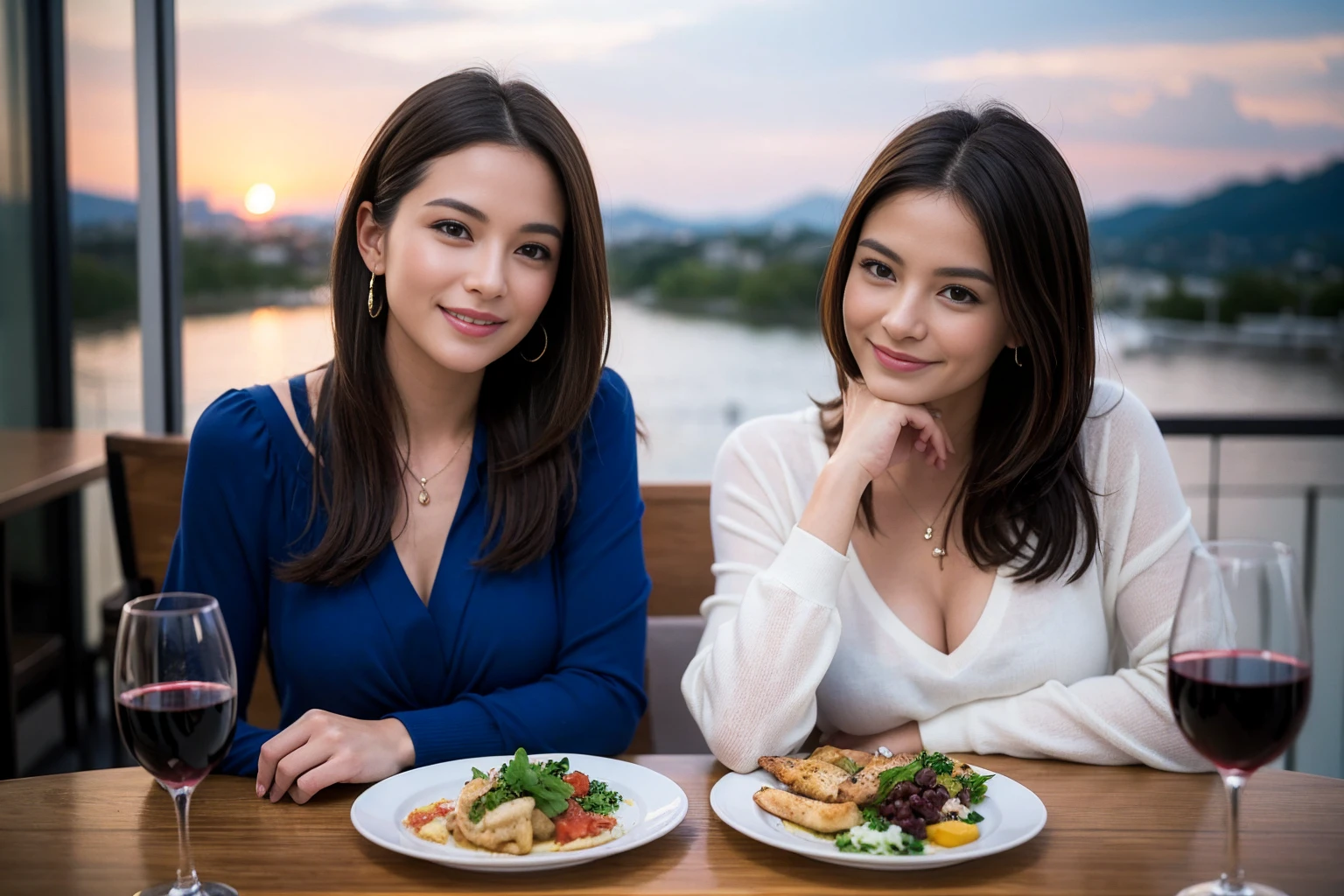 (Realistic:1.1),(masterpiece,Highest quality),8k,(40 years old), 42 years old, slimカップル、Model Couple、Actress/Actor、Tight waist,Upper Body,full-course dinner、wine 、Amazing view of the sunset sky and clouds、Perfect Anatomy, Brown Hair, Short Hair,Random Hairstyles,((Highly detailed face and eyes:1.2))(cute顔:1.4),Beautiful actress face,Perfect golden ratio face,Long sleeve shirt、dress,(smile:1.2)、Shortcuts、cute、(Realistic, Intricate details:1.2), A bright smile、short hair,Bright Face、赤wine 、Appetizers、Italian food、wine bottle、Champagne、スパークリングwine、(slimな顔), (The body is slim), (Brown Hair), (Shortcuts), Upper Body, 白wine, slim, wineグラス,