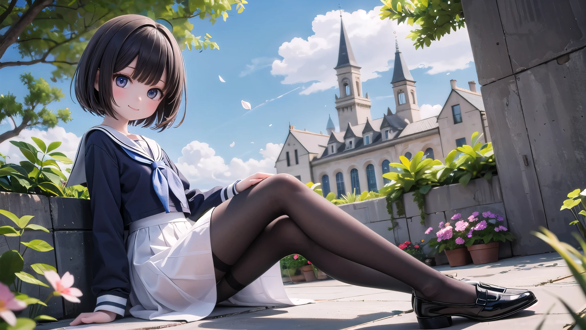 (masterpiece), town, blue sky, One Girl, smile, alone, Sailor suit、Long skirt, Overgrown, petal, plant、Skirt lining、Translucent slip、nostalgic、Black Pantyhose