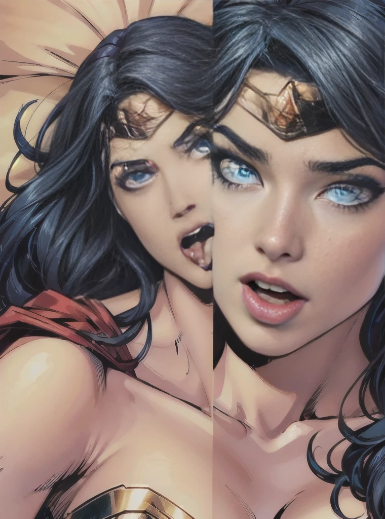 A woman，Gal Gadot as Wonder Woman，top views, Lying in bed，A pained expression on his face，Open your mouth and stick out your tongue，Lively expressions，Full and rich facial details，Keep your eyes open，Roll your eyes，Look upward with your eyes and tilt your head back，Messy hair，Call，Painful expressions，Eyes blue eyeballs turned upwards，Roll your eyes，Eye-to-eye，