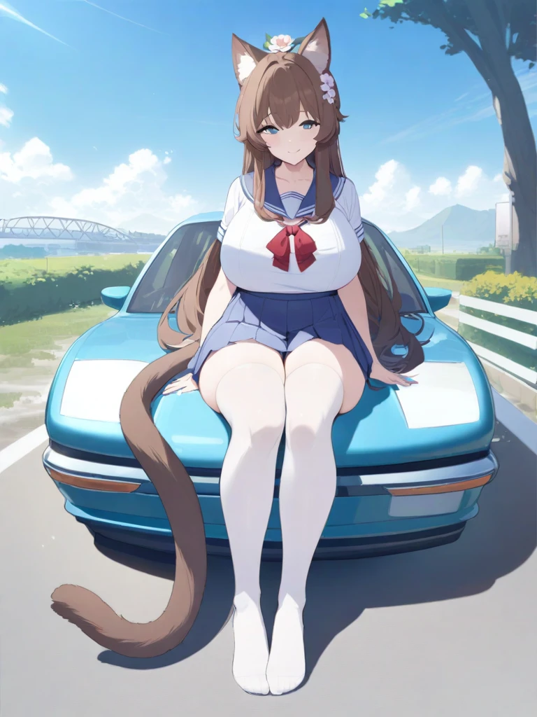 masterpiece, best quality, high quality, beautiful anime character, solo, anime girl with brown hair, long hair, car ears, blue eyes, big breasts, mature female, big girl, light smile, outdoors, almost full body, (sailor uniform, ribbon, pleated skirt), white thighhighs, (flower on head), sitting, (long cat tail), fluffy hair, (thick tummy),