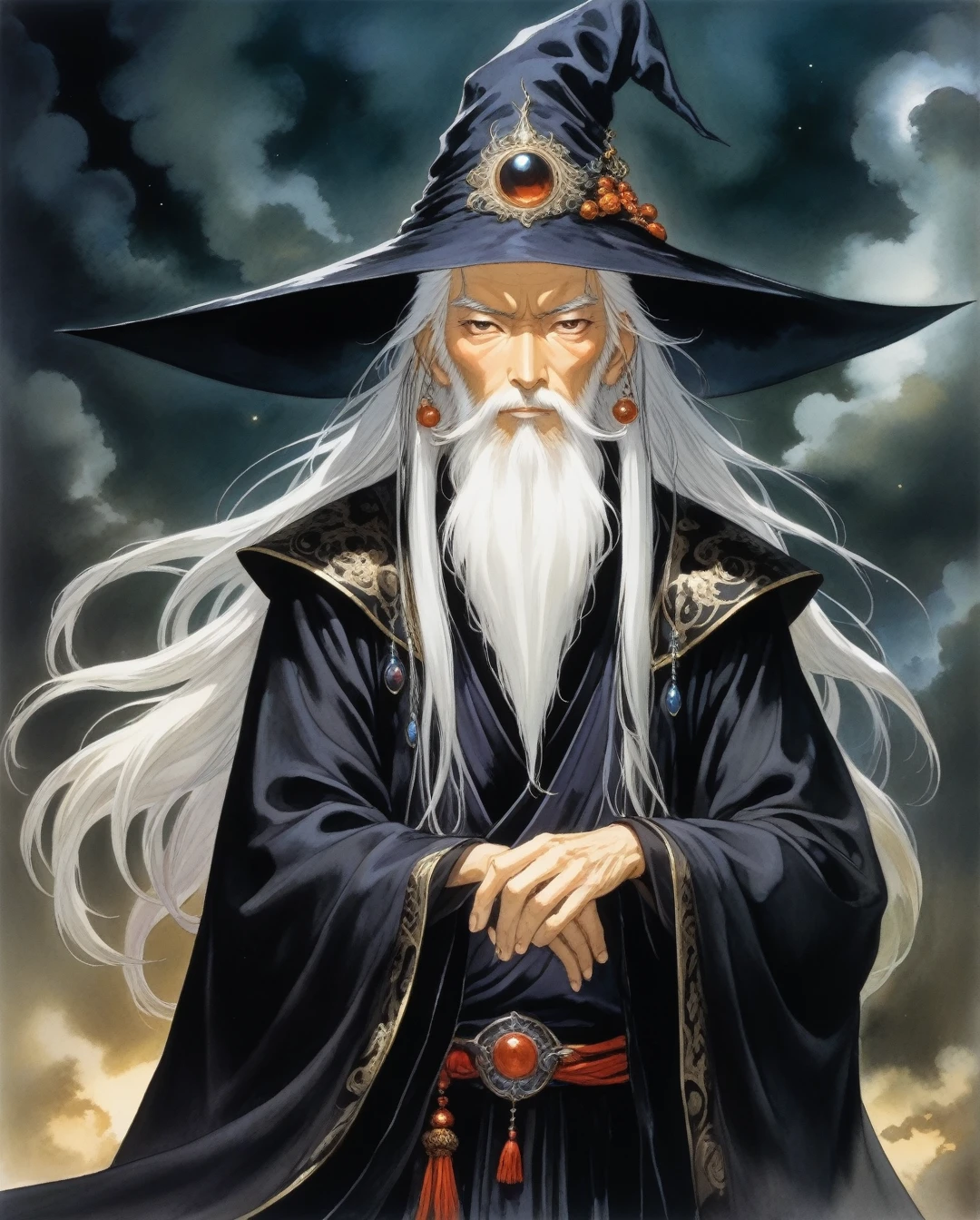 amano yoshitaka, one old male Powerful sorcerer named Sorcerer, Long White Beard and long white hair, Intense eyes, with Dark mystical in head, wearing Black robe and a wizard hat ,wearing Flowing black pants, 