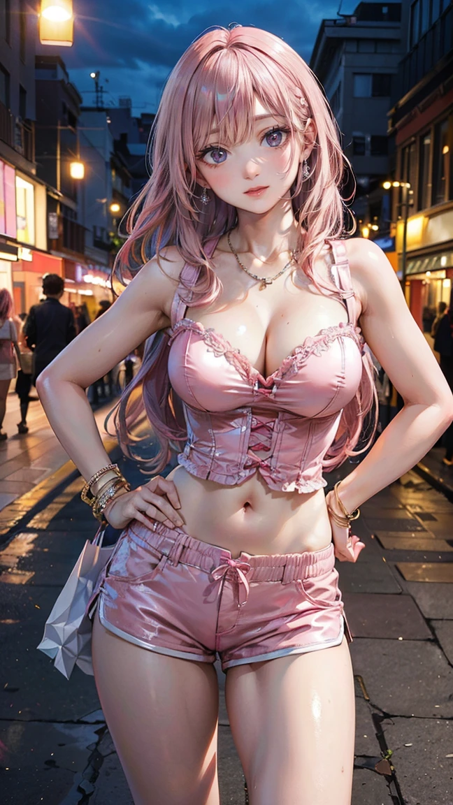 (Masterpiece, BestQuality:1.3), (ultra detailed:1.2), (hyperrealistic:1.3), (RAW photo:1.2), High detail RAW color photo, professional photograph, (Photorealistic:1.4), (realistic:1.4), (Pink Hair:1.5), professional lighting, perfect anatomy, (Big Breasts:1.2), (blush, detailed face), (cheerful Smile:1.5), Trending Hair&Trending Hairカラーをランダムに, earrings, necklace, bracelet, sexly, erotic sexly, Random sexy gravure poses, (Sexy beauty wearing a red bustier and shorts、Holding shopping bags in the city at night、Straight long hair、Happy smile、One hand on hip。: 1.3)
