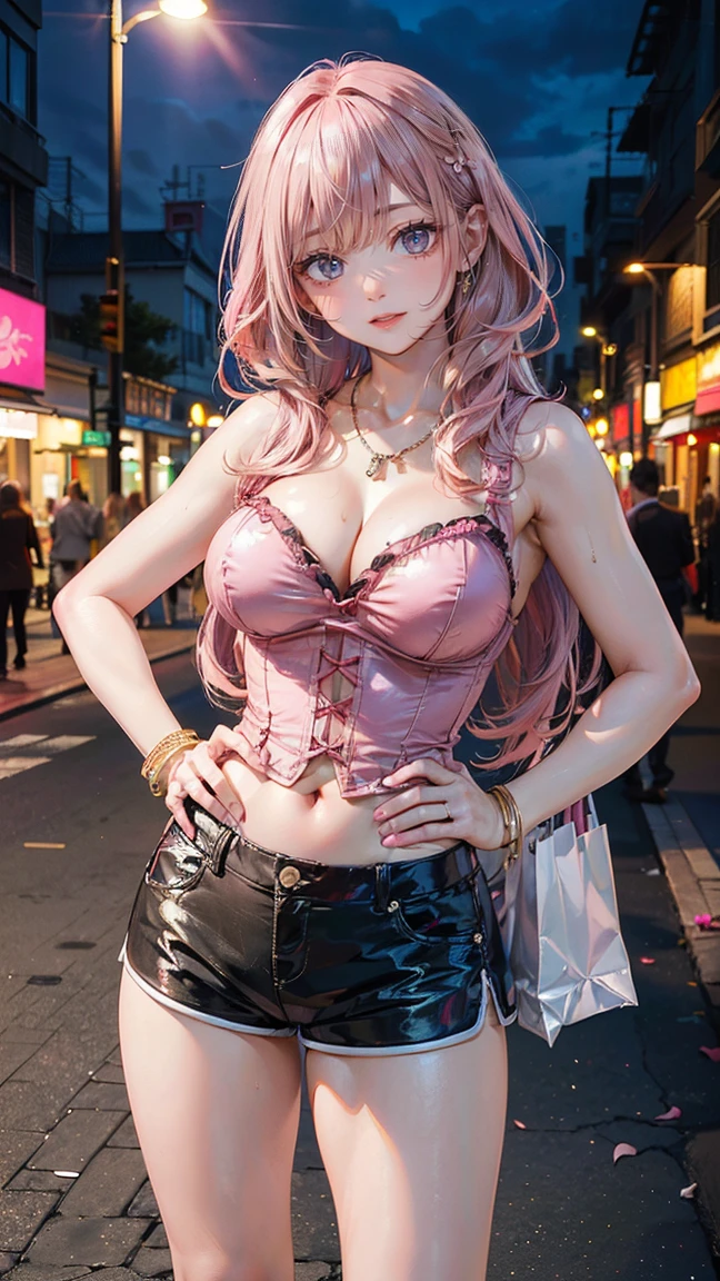 (Masterpiece, BestQuality:1.3), (ultra detailed:1.2), (hyperrealistic:1.3), (RAW photo:1.2), High detail RAW color photo, professional photograph, (Photorealistic:1.4), (realistic:1.4), (Pink Hair:1.5), professional lighting, perfect , (:1.2), (blush, detailed face), (cheerful Smile:1.5), Trending Hair&Trending Hairカラーをランダムに, earrings, necklace, bracelet, sexly,  sexly, Random  gravure poses, ( beauty wearing a red bustier and shorts、Holding shopping bags in the city at night、Straight long hair、Happy smile、One hand on hip。: 1.3)