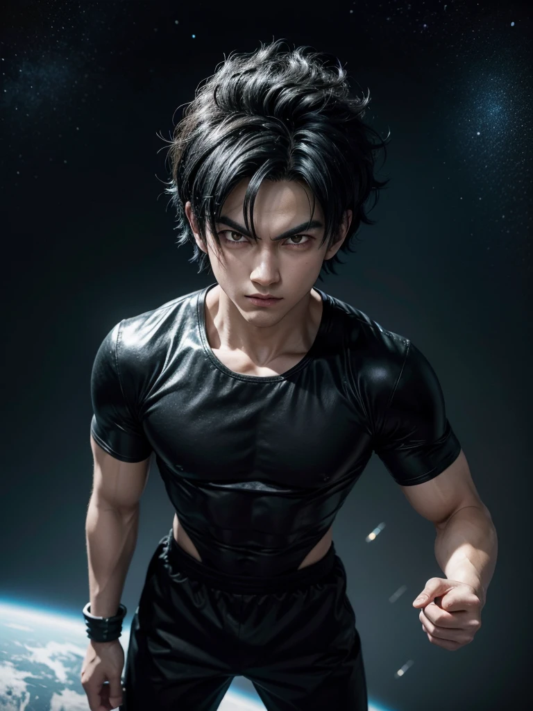 An adult boy, black hair, black eyes, designed in the style of Dragon Ball Z, holding a black photo in a space environment. 