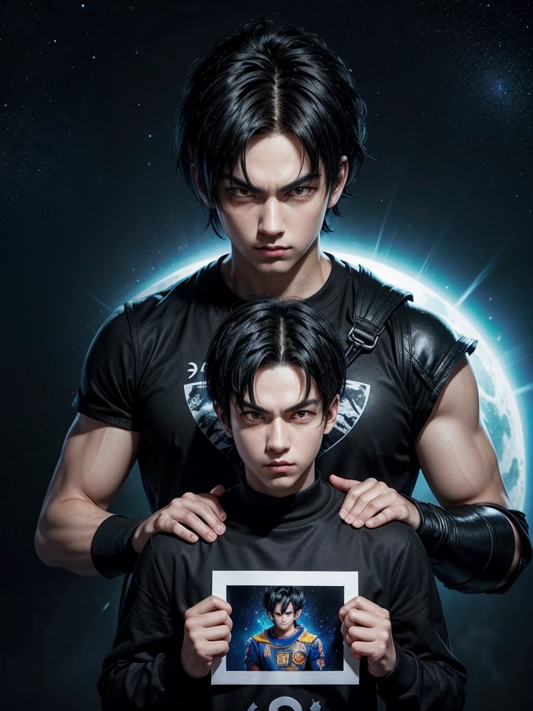 An adult boy, black hair, black eyes, designed in the style of Dragon Ball Z, holding a black photo in a space environment. 