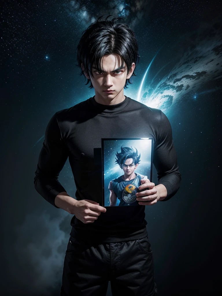 An adult boy, black hair, black eyes, designed in the style of Dragon Ball Z, holding a black photo in a space environment. 