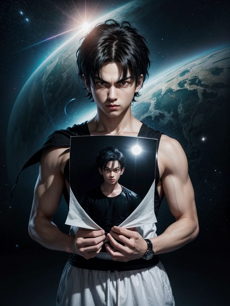 An adult boy, black hair, black eyes, designed in the style of Dragon Ball Z, holding a black photo in a space environment. 