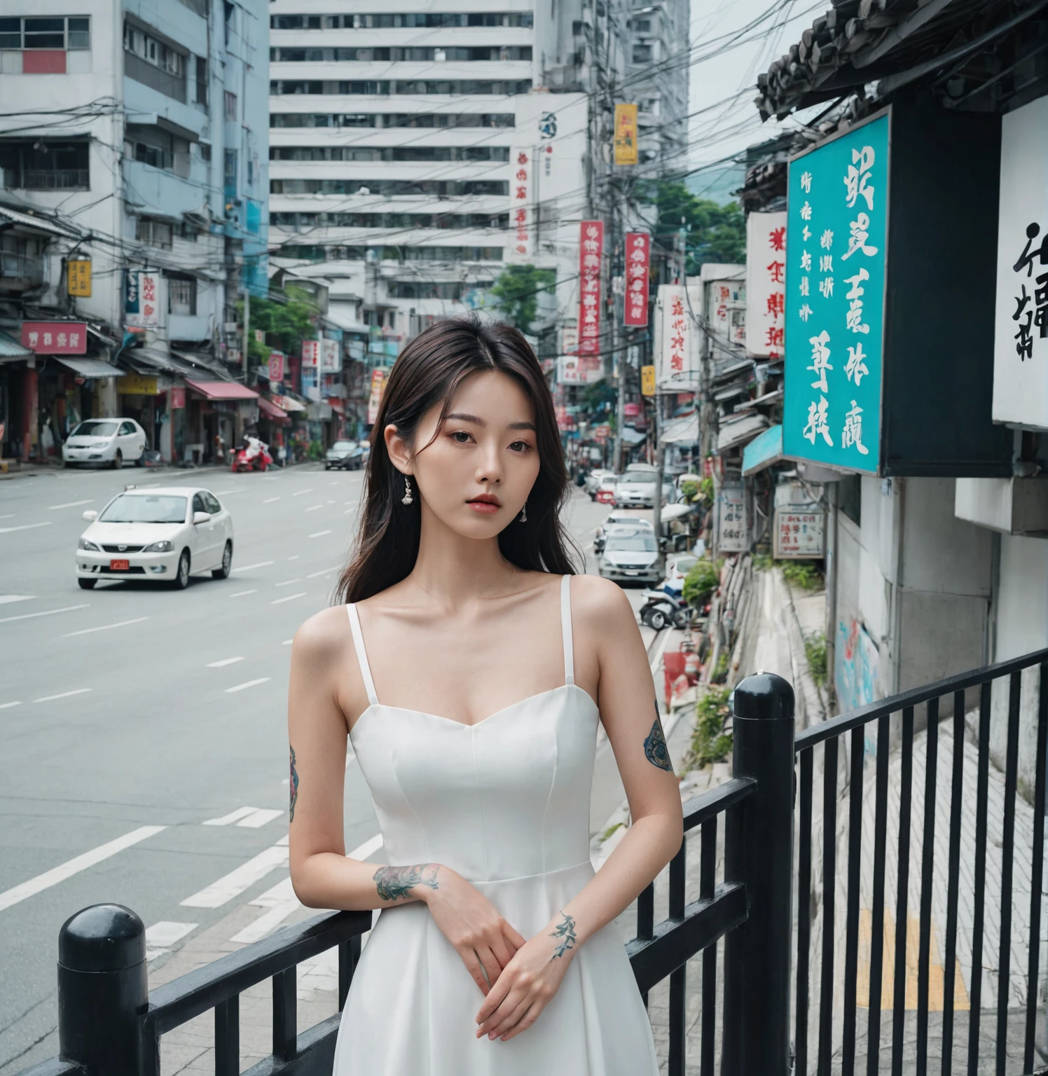 there is a woman standing on the sidewalk in a white dress, of taiwanese girl with tattoos, a young asian woman, chinese girl, in city street, an asian woman, taken in 2 0 2 0, korean girl, at a city street, chinese woman, yakuza slim girl, beautiful south korean woman, forest city streets behind her, young asian girl, asian girl