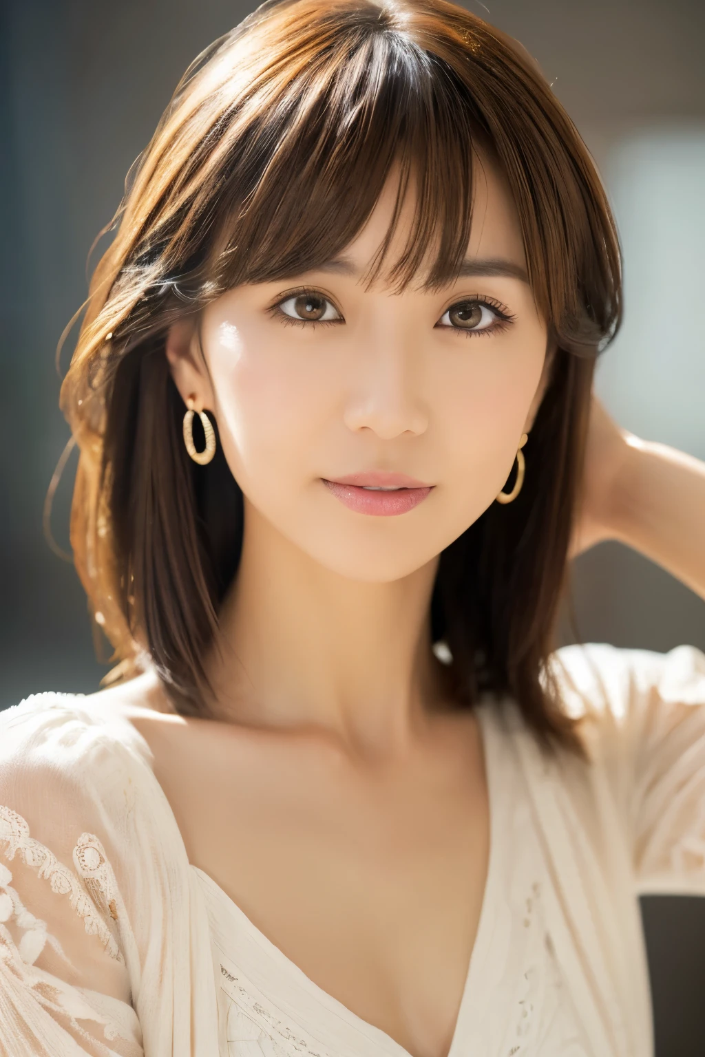 (8k, RAW photos, top quality, masterpiece: 1.2), ultra detailed, super resolution, (real photos: 1.37), portraits, high definition RAW color photos, professional photos, official art, highly detailed CG Unity 8k wallpapers, beautiful Japanese woman, {30|40} years old, highly detailed faces, Highly detailed eyes, highly detailed skin, Highly detailed nose, Highly detailed mouth, Perfect anatomy, Highly detailed background, Highly detailed clothing, One Girl, housewife, realistic body, white skin, radiant skin, slender body, very thin waist, handsome body, brown hair, {short|long} hair, (blunt bangs:1.2), cute face, slight smile, Realistic Face, outfits with a daring design, Earrings, Camera Gaze, Cowboy Shot, Standing Figure, Dynamic Lighting,