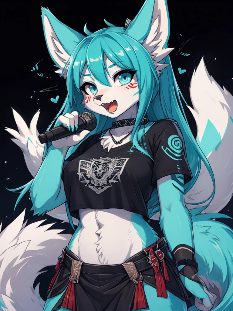 Miku Hatsune, high definition add_detail:1, blue fur,kitsune ears, tribal tattoo add_detail:1 cute high school clothes, pretty girl add_detail:3 18 year old girl, short black lycra, black metal t shirt, flirty look add_detail:3, hands rock sign, shouting add_detail:1, singing girl, screaming girl