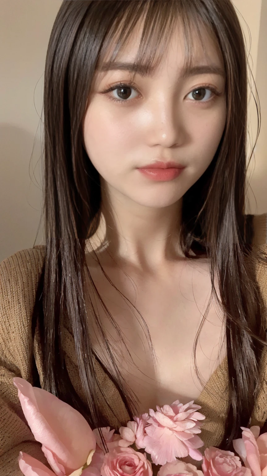 (masterpiece、Highest quality、Very detailed),日本人女性の顔のVery detailedなクローズアップ画像,The hair is long and straight、The skin is white and smooth、Natural shine、Fine skin texture、Slight redness on cheeks、Perfectly depict every detail、Fine details of the iris、Long natural eyelashes、The eyebrows are well groomed、まつげのindivual々The hair is clearly visible、noseは繊細、nose孔の細かいディテール、Lips are plump and naturally pink、A subtle sheen that accentuates the shape of your lips、Lip texture with fine lines and soft curves、The background is simple and blurred、Focus on the face、Details and natural beauty、depiction of light and shadow、Soft natural light、Gently illuminates the face from the front、amount、nose、Creates a subtle glow on the cheeks、The shadows are soft and follow the contours of the face.、cheekbone、Jaw Curve、noseの側面を強調、The light reflects off of your eyes, creating little highlights that bring them to life.、The gloss on her lips reflects the light faintly、Emphasizes plump texture、The shadow of the hair gives depth and dimension、indivual々The hair shines in the light