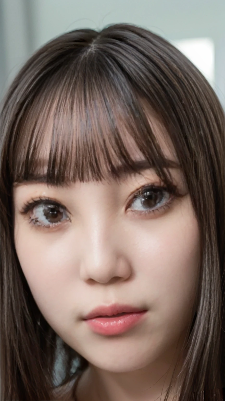 (masterpiece、Highest quality、Very detailed),日本人女性の顔のVery detailedなクローズアップ画像,The hair is long and straight、The skin is white and smooth、Natural shine、Fine skin texture、Slight redness on cheeks、Perfectly depict every detail、Fine details of the iris、Long natural eyelashes、The eyebrows are well groomed、まつげのindivual々The hair is clearly visible、noseは繊細、nose孔の細かいディテール、Lips are plump and naturally pink、A subtle sheen that accentuates the shape of your lips、Lip texture with fine lines and soft curves、The background is simple and blurred、Focus on the face、Details and natural beauty、depiction of light and shadow、Soft natural light、Gently illuminates the face from the front、amount、nose、Creates a subtle glow on the cheeks、The shadows are soft and follow the contours of the face.、cheekbone、Jaw Curve、noseの側面を強調、The light reflects off of your eyes, creating little highlights that bring them to life.、The gloss on her lips reflects the light faintly、Emphasizes plump texture、The shadow of the hair gives depth and dimension、indivual々The hair shines in the light