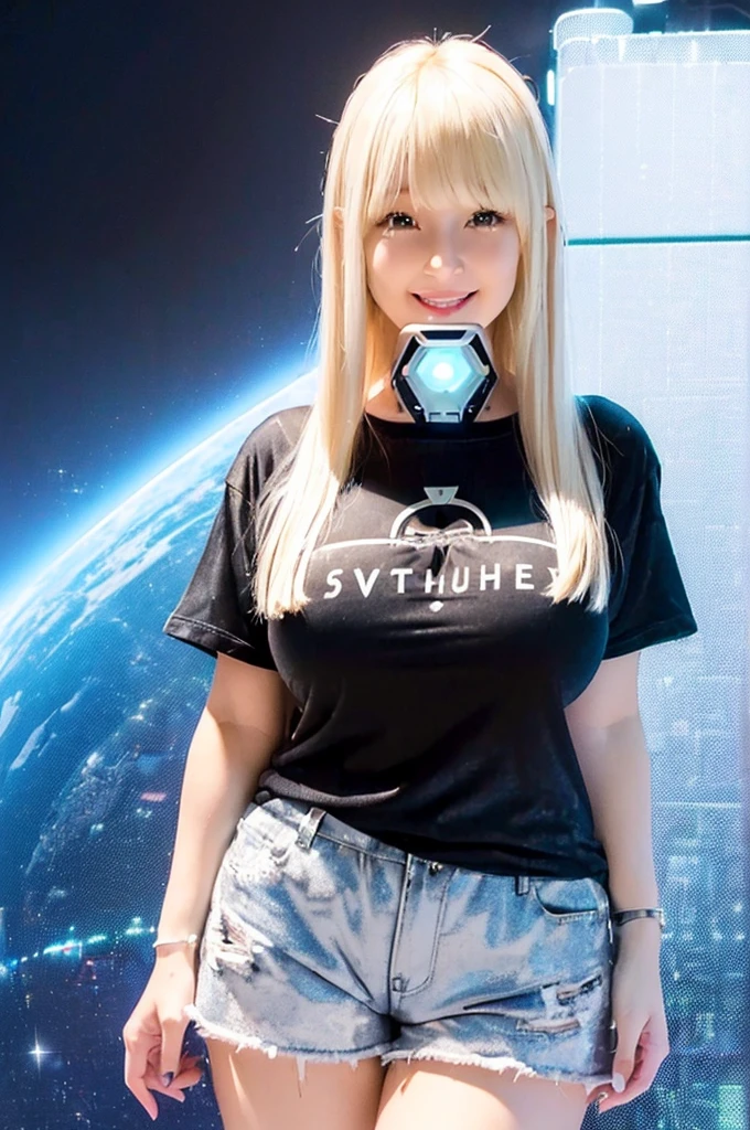 (cute white girl:1.5),(Fictional future high technology civilization:1.4),(gigantic big beautiful boobs:1.4) ,,(messy short glossy platinum blond hair:1.3),(bangs:1.1)
(smile :1.2),(beautiful body:1.2),(black velvet shorts :1.3),(plain big white cotton T-shirt:1.5),