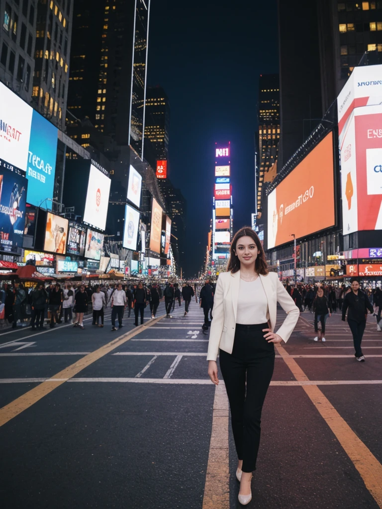 her name is Elle, high quality, 1girl, ((20-year-old fit Caucasian woman)), ((20 years old)), ((fit)), ((pale skin)), short length straight dark hair , wearing Cropped Graphic Blazer + High-Waisted Split Hem Pants, pose: standing, background: Detail the bustling ambiance of Times Square in New York City, with its towering digital billboards, throngs of tourists, and the bright lights illuminating the night.