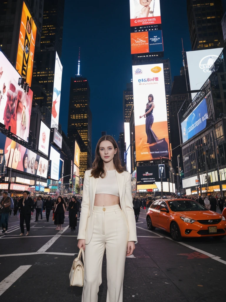 her name is Elle, high quality, 1girl, ((20-year-old fit Caucasian woman)), ((20 years old)), ((fit)), ((pale skin)), short length straight dark hair , wearing Cropped Graphic Blazer + High-Waisted Split Hem Pants, pose: standing, background: Detail the bustling ambiance of Times Square in New York City, with its towering digital billboards, throngs of tourists, and the bright lights illuminating the night.