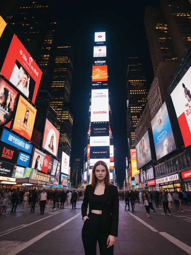 her name is Elle, high quality, 1girl, ((20-year-old fit Caucasian woman)), ((20 years old)), ((fit)), ((pale skin)), short length straight dark hair , wearing Cropped Graphic Blazer + High-Waisted Split Hem Pants, pose: standing, background: Detail the bustling ambiance of Times Square in New York City, with its towering digital billboards, throngs of tourists, and the bright lights illuminating the night.