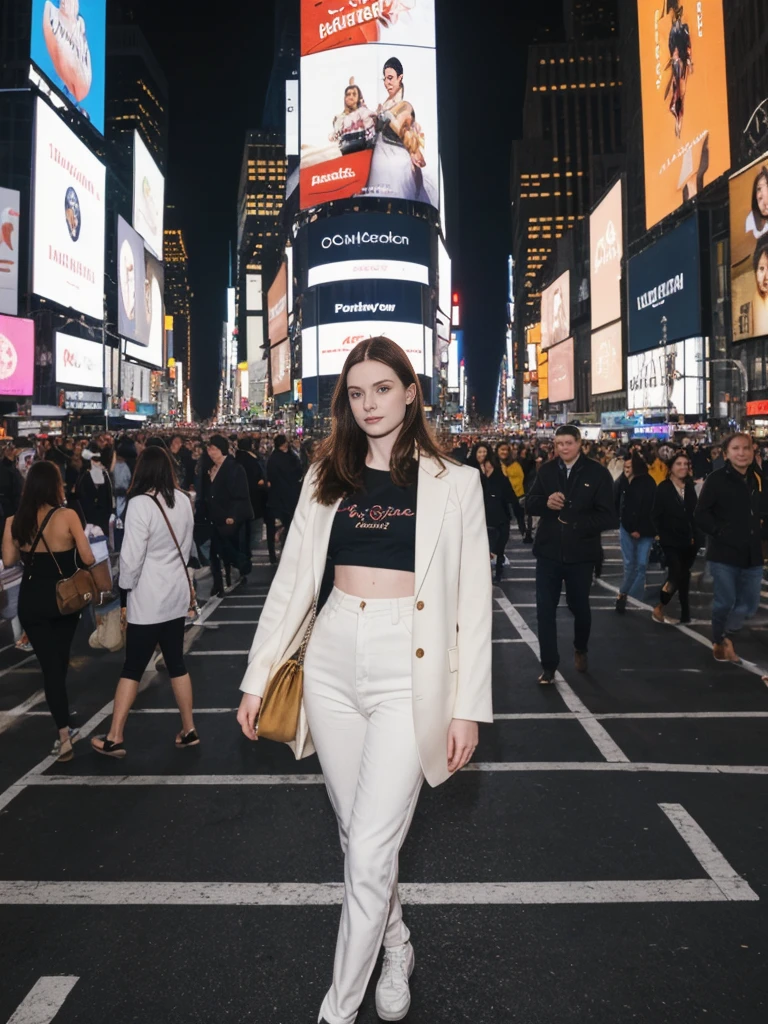 her name is Elle, high quality, 1girl, ((20-year-old fit Caucasian woman)), ((20 years old)), ((fit)), ((pale skin)), short length straight dark hair , wearing Cropped Graphic Blazer + High-Waisted Split Hem Pants, pose: standing, background: Detail the bustling ambiance of Times Square in New York City, with its towering digital billboards, throngs of tourists, and the bright lights illuminating the night.