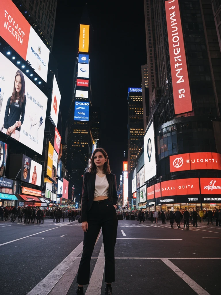 her name is Elle, high quality, 1girl, ((20-year-old fit Caucasian woman)), ((20 years old)), ((fit)), ((pale skin)), short length straight dark hair , wearing Cropped Graphic Blazer + High-Waisted Split Hem Pants, pose: standing, background: Detail the bustling ambiance of Times Square in New York City, with its towering digital billboards, throngs of tourists, and the bright lights illuminating the night.