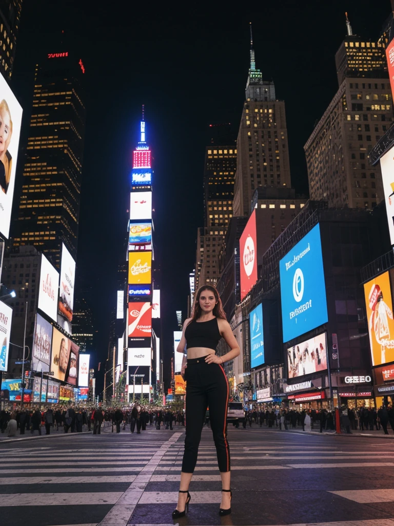 her name is Elle, high quality, 1girl, ((20-year-old fit Caucasian woman)), ((20 years old)), ((fit)), ((pale skin)), short length straight dark hair , wearing Cropped Graphic Blazer + High-Waisted Split Hem Pants, pose: standing, background: Detail the bustling ambiance of Times Square in New York City, with its towering digital billboards, throngs of tourists, and the bright lights illuminating the night.