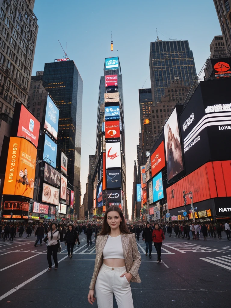 her name is Elle, high quality, 1girl, ((20-year-old fit Caucasian woman)), ((20 years old)), ((fit)), ((pale skin)), short length straight dark hair , wearing Cropped Graphic Blazer + High-Waisted Split Hem Pants, pose: standing, background: Detail the bustling ambiance of Times Square in New York City, with its towering digital billboards, throngs of tourists, and the bright lights illuminating the night.