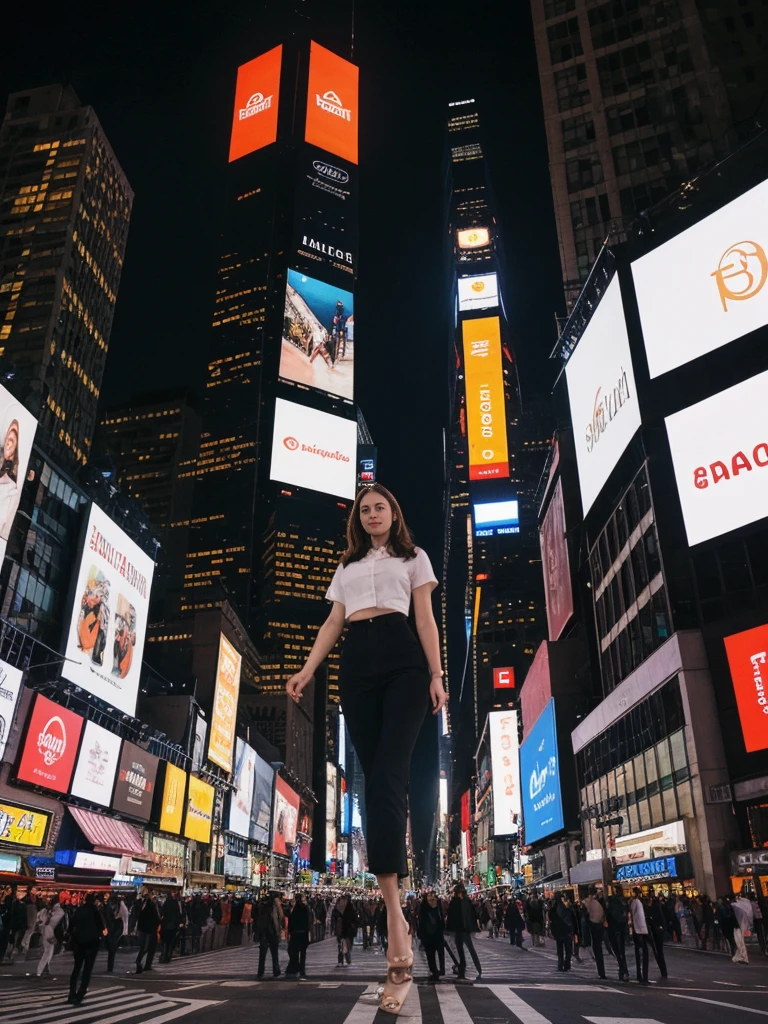 her name is Elle, high quality, 1girl, ((20-year-old fit Caucasian woman)), ((20 years old)), ((fit)), ((pale skin)), short length straight dark hair , wearing Cropped Graphic Blazer + High-Waisted Split Hem Pants, pose: standing, background: Detail the bustling ambiance of Times Square in New York City, with its towering digital billboards, throngs of tourists, and the bright lights illuminating the night.