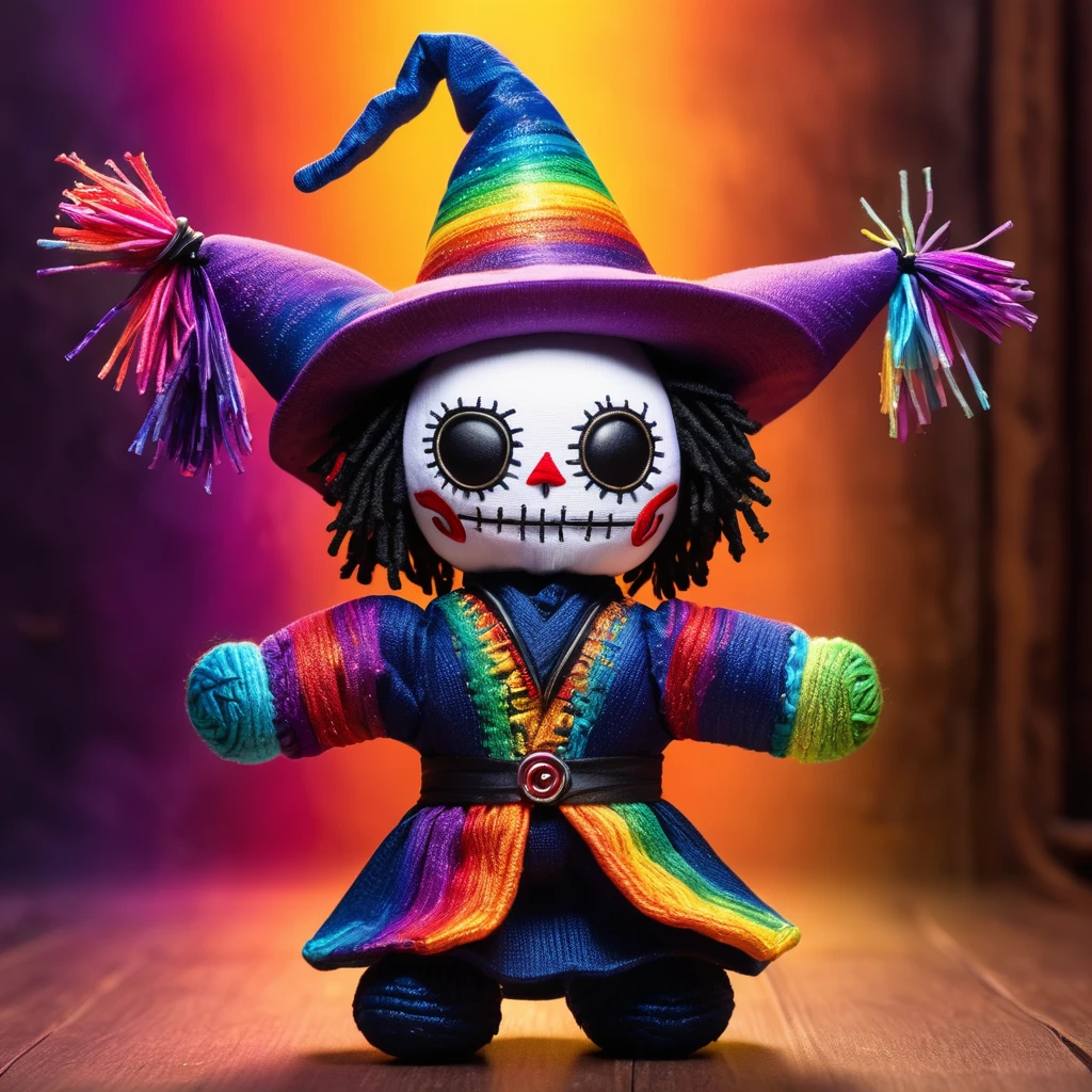 (knitted toy voodoo doll:1.7), (Voodoo Chromatic Wizard:1.8), (Clothing: robe shimmering with all colors of the spectrum:1.0), (Accessories: kaleidoscope staff, prismatic crystal ball, rainbow-colored aura:1.2), (Background: fantastical realm with floating rainbows and shifting colors:1.2), (full body:1.0), best quality, masterpiece, detailed soft oil painting, detailed background, dramatic cinematic lighting, soft edge lighting, professional, dramatic lighting, hard edge lighting, ultra quality, 4k, masterpiece, best quality, 8k, ultra high definition, high resolution, extremely detailed