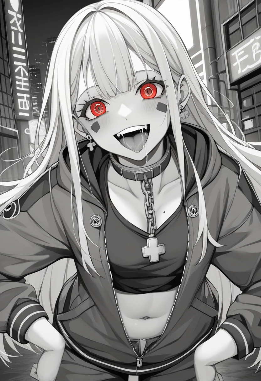 (masterpiece:1.2)、Highest quality、PIXIV、Rebellious girl、One girl、Open your mouth、鋭いteeth、teeth、Long Hair、Street background、gem、badge、ボタンbadge、Food、Bright red eyes、Earrings、Jacket、eyelash、Foodを下にして、Upper Body、Characters in clothes、zipper、collar、cable、chain、Stickers、hoodie、smile、Focus on the viewer、Chest in the center、Shoulder Bare、Belly button、Black and white hair color,leaning forward,Cyberpunk city,Night view,Black and white grey outfit,Overflowing drool、saliva、White Breath、Sigh