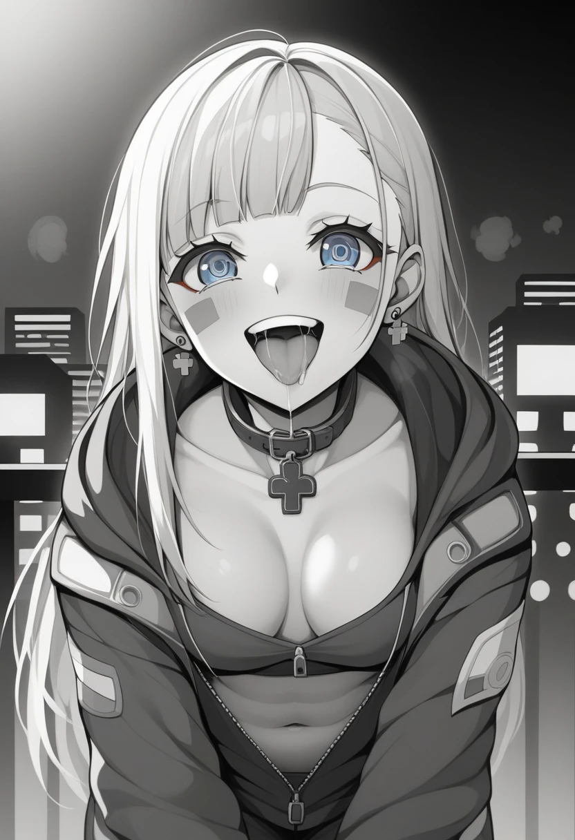 (masterpiece:1.2)、Highest quality、PIXIV、Rebellious girl、One girl、Open your mouth、鋭いteeth、teeth、Long Hair、Street background、gem、badge、ボタンbadge、Food、Bright blue eyes、Earrings、Jacket、eyelash、Foodを下にして、Upper Body、Characters in clothes、zipper、collar、cable、chain、Stickers、hoodie、smile、Focus on the viewer、Chest in the center、Shoulder Bare、Belly button、Black and white hair color,leaning forward,Cyberpunk city,Night view,Black and white grey outfit,Overflowing drool、saliva、White Breath、Sigh